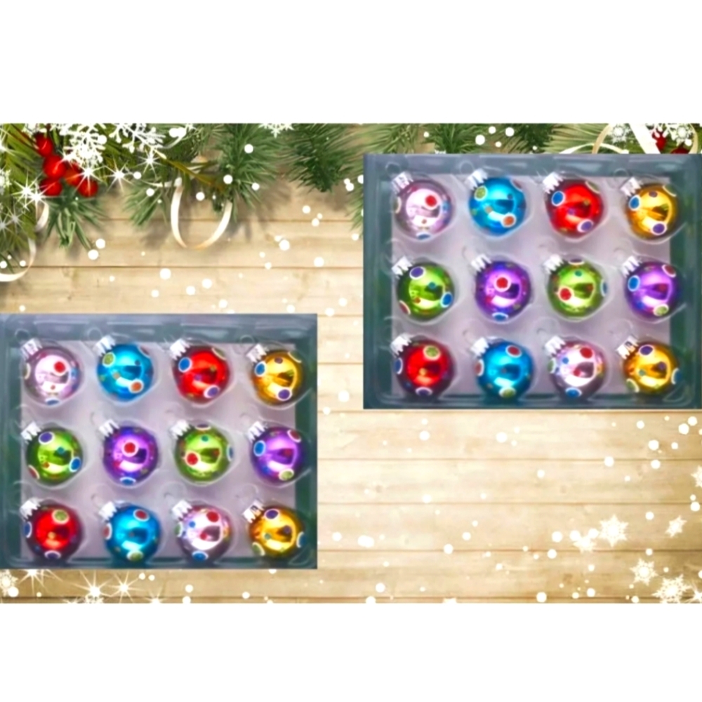 Kurt Adler Mini Glass Ornaments with Dots, Set Of 2 Boxes.    #17